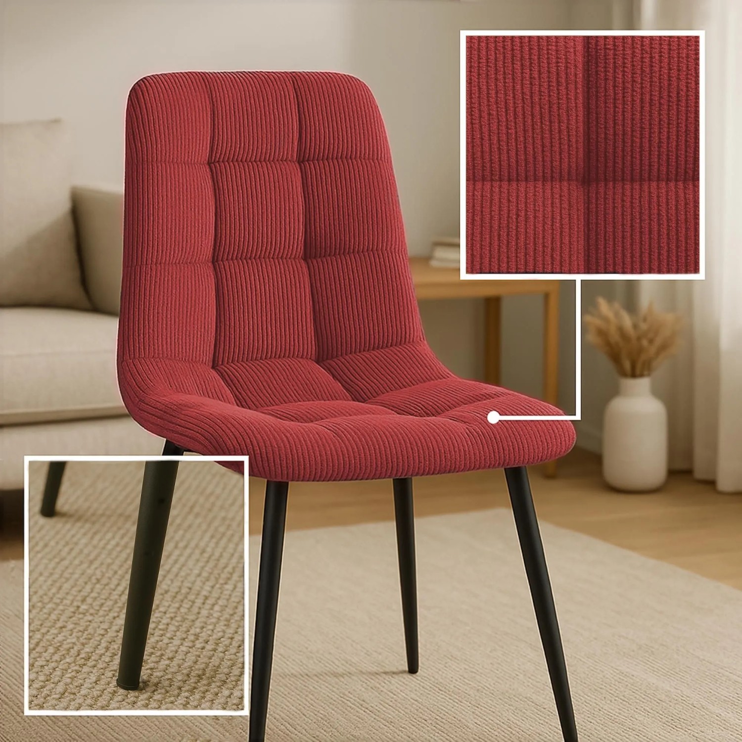 DELUKE 2er Set Esszimmerstuhl FANOR Cord Bordeauxrot 45x55x84cm Essstühle Esszimmerstühle Küchenstühle Wohnzimmerstühle