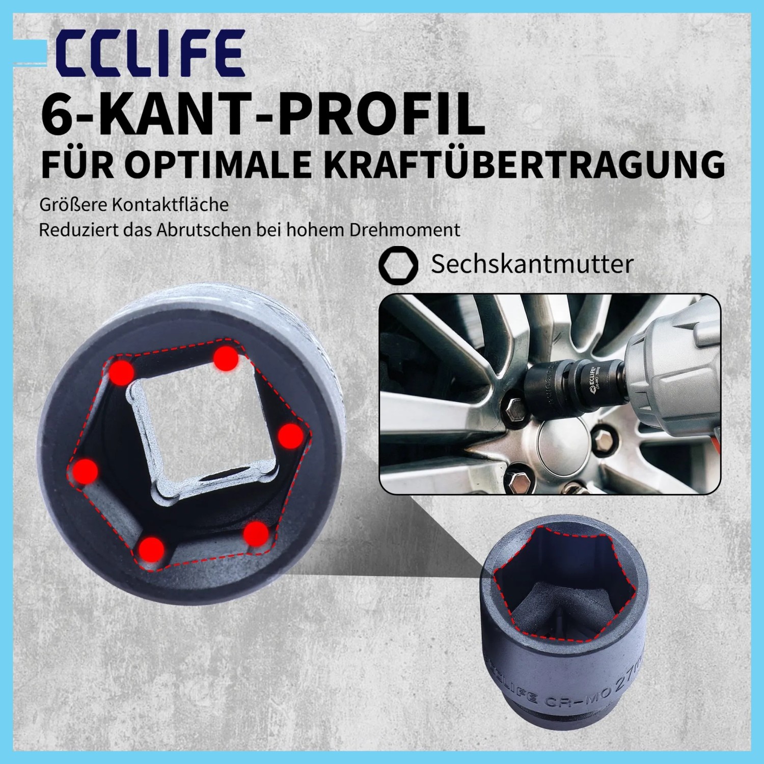 Schlagschrauber Nuss mit 6-Kant-Profil für sicheren Halt. Optimal für Radmuttern und hohe Drehmomente.