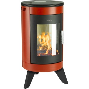 Wamsler City Kaminofen, Stahl schwarz, 7 kW, mit brennendem Holz hinter der Glasscheibe.