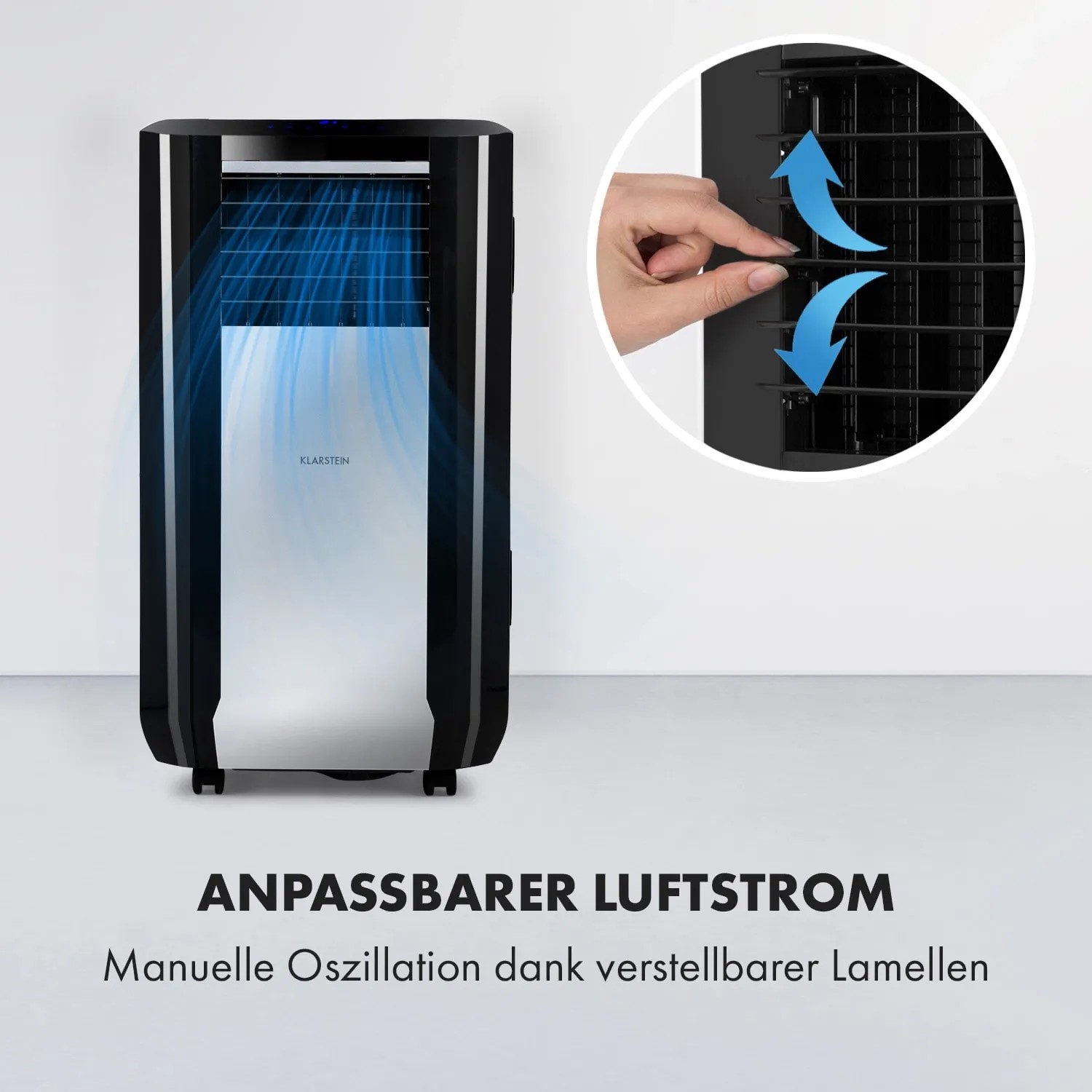 Klarstein Klimaanlage Max Breeze Smart, schwarzes Klimagerät mit einstellbaren Lamellen für Luftstrom.