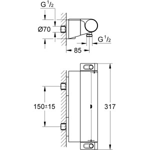 Technische Zeichnung: Grohe Grohtherm 2000 Thermostat-Brausebatterie mit Maßangaben.
