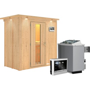 Karibu Sauna Vera mit Ofen und Steuerung, Holz-Glastür und LED-Dachkranz.