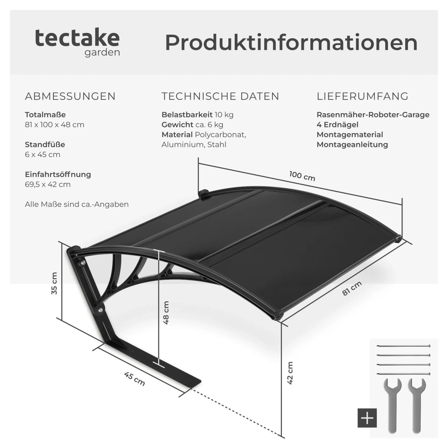 Tectake Roboter Garage Domus, große wetterfeste Überdachung aus Stahl und Polycarbonat.
