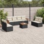 Schwarze 9-tlg. vidaXL Garten-Sofagarnitur aus Poly Rattan mit cremeweißen Kissen und Tisch auf einer Terrasse.