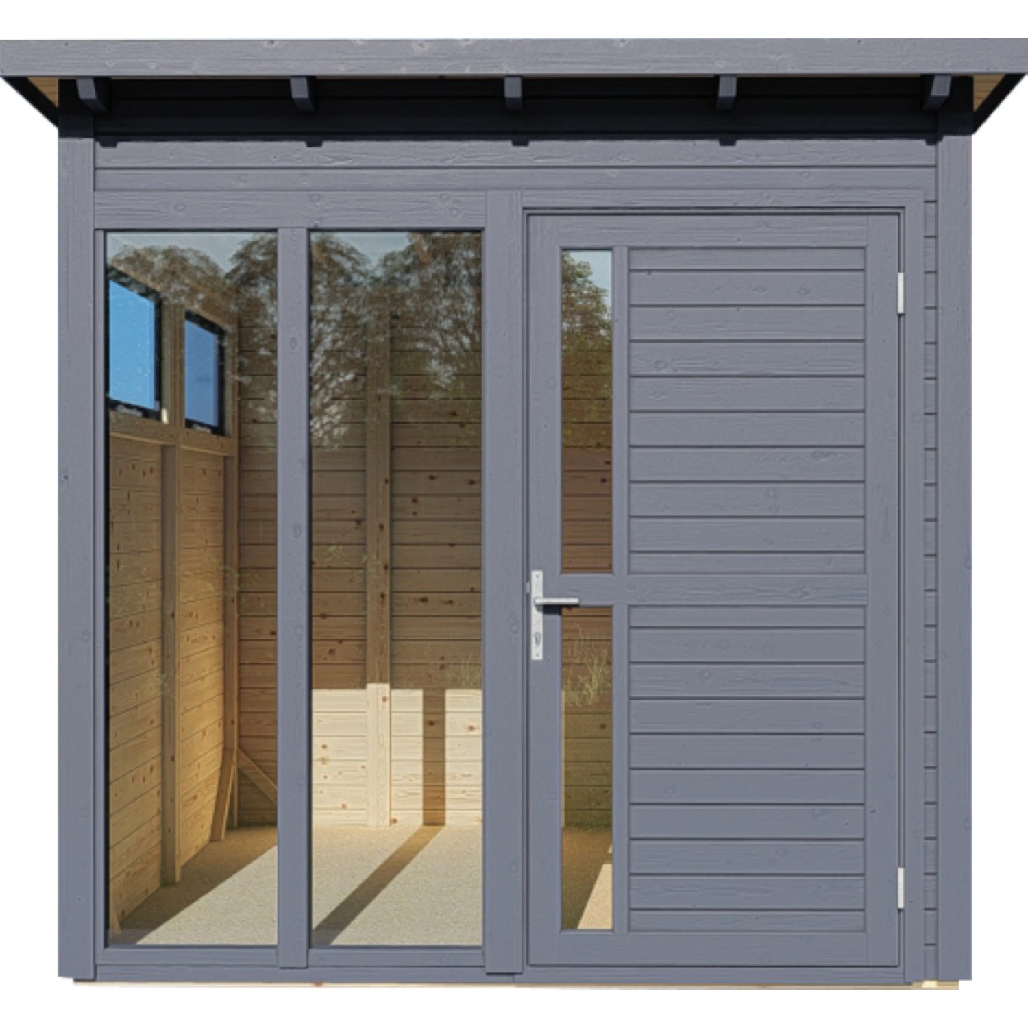 Anthrazitfarbenes Bertilo Gartenhaus Pentus 2 Office aus Holz mit Fenster und Tür.