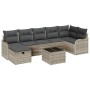 Hellgraues 8-teiliges Garten-Sofa-Set aus Poly Rattan mit Kissen und Tisch.