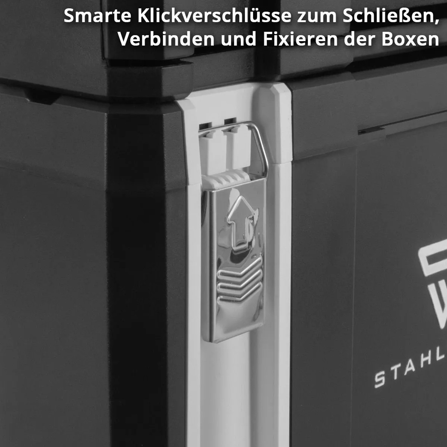 Detailaufnahme: STAHLWERK Werkzeugkoffer mit Klickverschluss für Werkstattwagen.