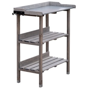 Grauer NYVI Pflanztisch aus Holz mit verzinkter Arbeitsplatte und zwei Ablageböden.