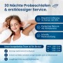 Anzeige: Frau schläft auf AM Qualitätsmatratzen Bettdecken- & Kissen Set, Infos zu Serviceleistungen.