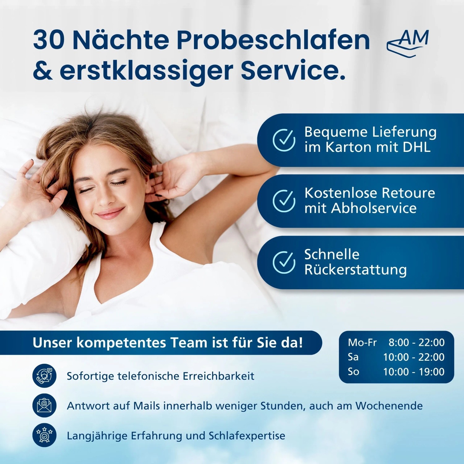 Anzeige: Frau schläft auf AM Qualitätsmatratzen Bettdecken- & Kissen Set, Infos zu Serviceleistungen.