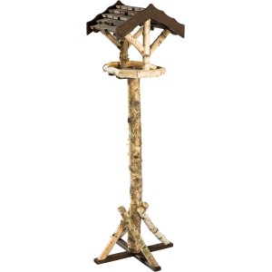 Vogelfutterhaus aus Birke und Pinie mit Pfahl, naturbelassenes Design für Wildvögel.