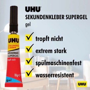 Uhu Sekundenkleber Supergel, 10g Tube, tropffrei, extrem stark, spülmaschinenfest und wasserresistent.