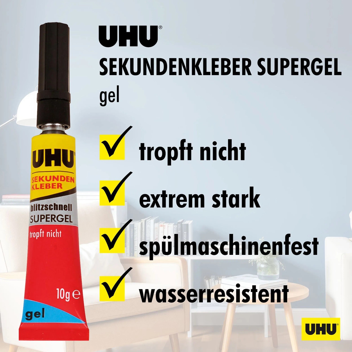Uhu Sekundenkleber Supergel, 10g Tube, tropffrei, extrem stark, spülmaschinenfest und wasserresistent.
