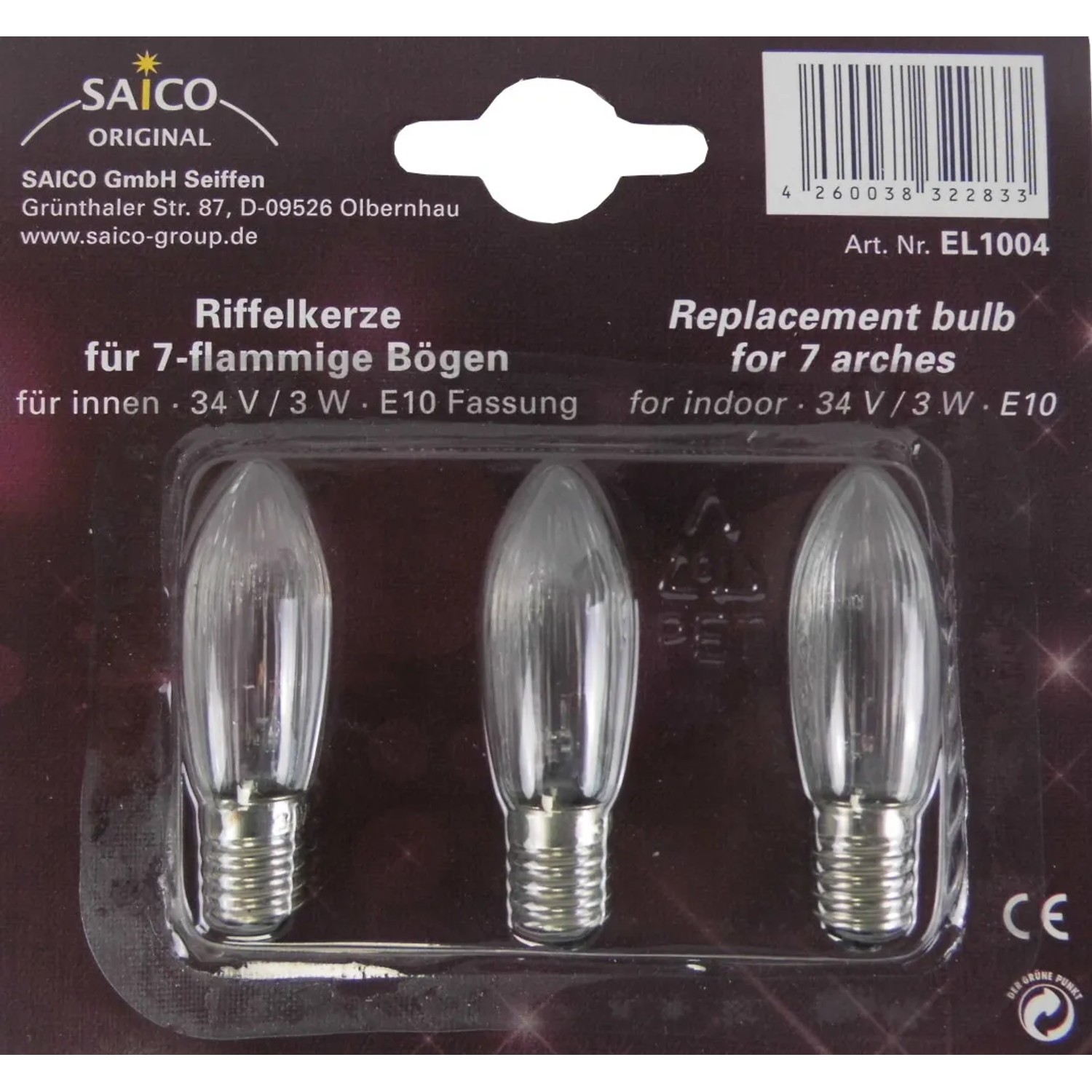 Saico Ersatzglühlampe/ Riffelkerze 3er-Pack E10-Fassung 34V, 3W Warmweiß