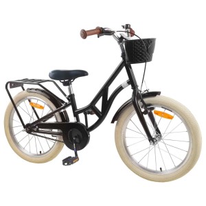 Schwarzes 24-Zoll-Kinderfahrrad mit Korb und Gepäckträger für 8- bis 12-Jährige.