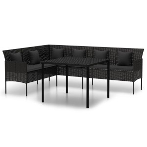 vidaXL 2-Tlg. Garten-Essgruppe mit schwarzem Poly Rattan, bestehend aus L-förmigem Sofa, Tisch und Kissen.