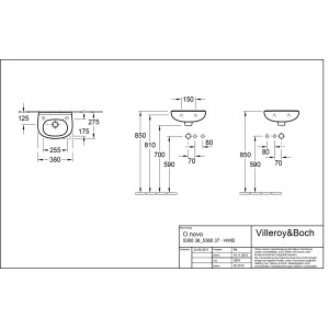 Technische Zeichnung: Villeroy & Boch O.Novo Gäste-Waschbecken, 36cm, Maße und Details.