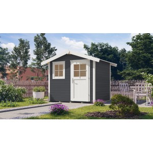 Anthrazitfarbenes Gartenhaus mit Satteldach, Holztür und Fenster im Garten.