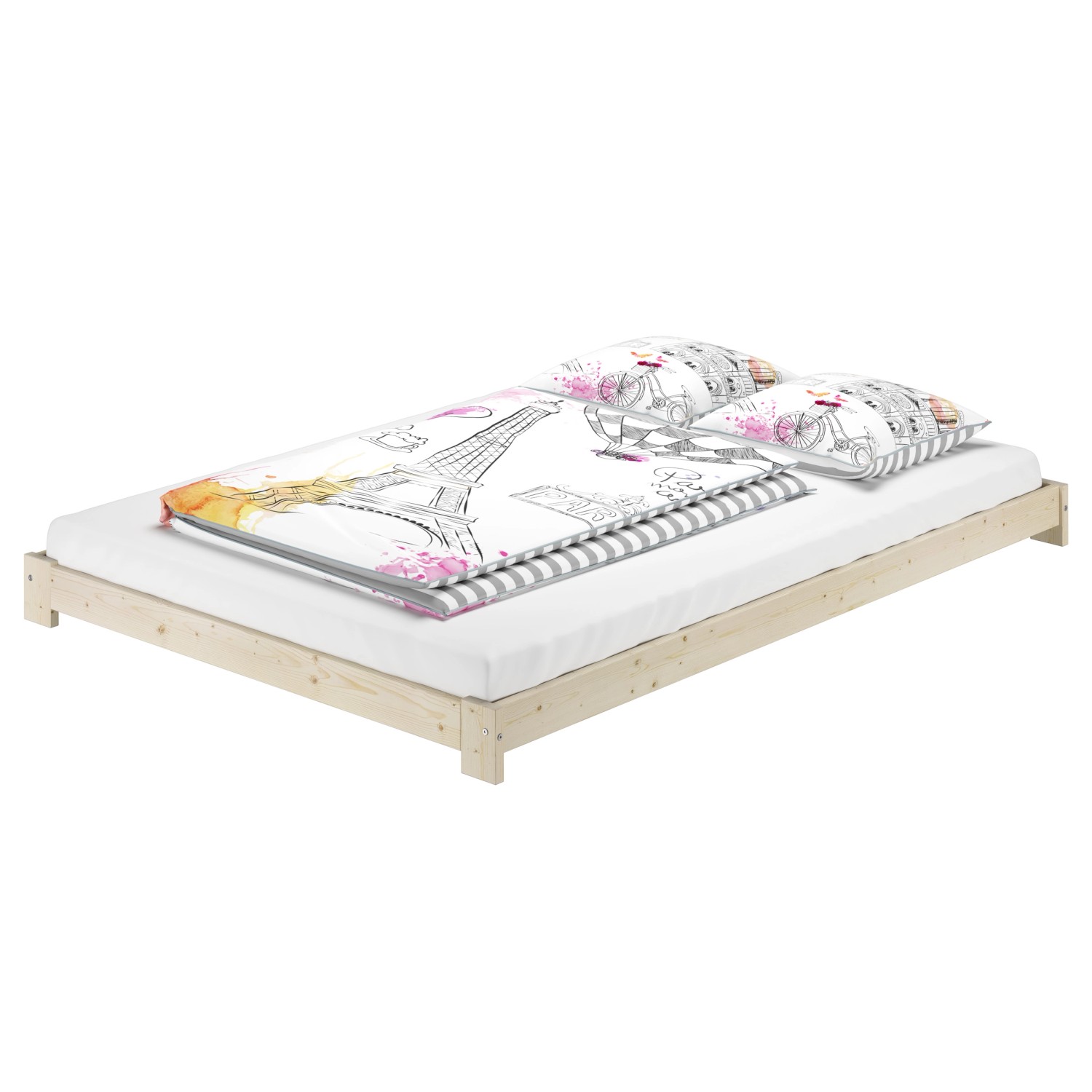 Erst-Holz Ehebett Bodennah Fichte/Tanne Unbehandelt 140 x 200  Modell 85 Ro günstig online kaufen