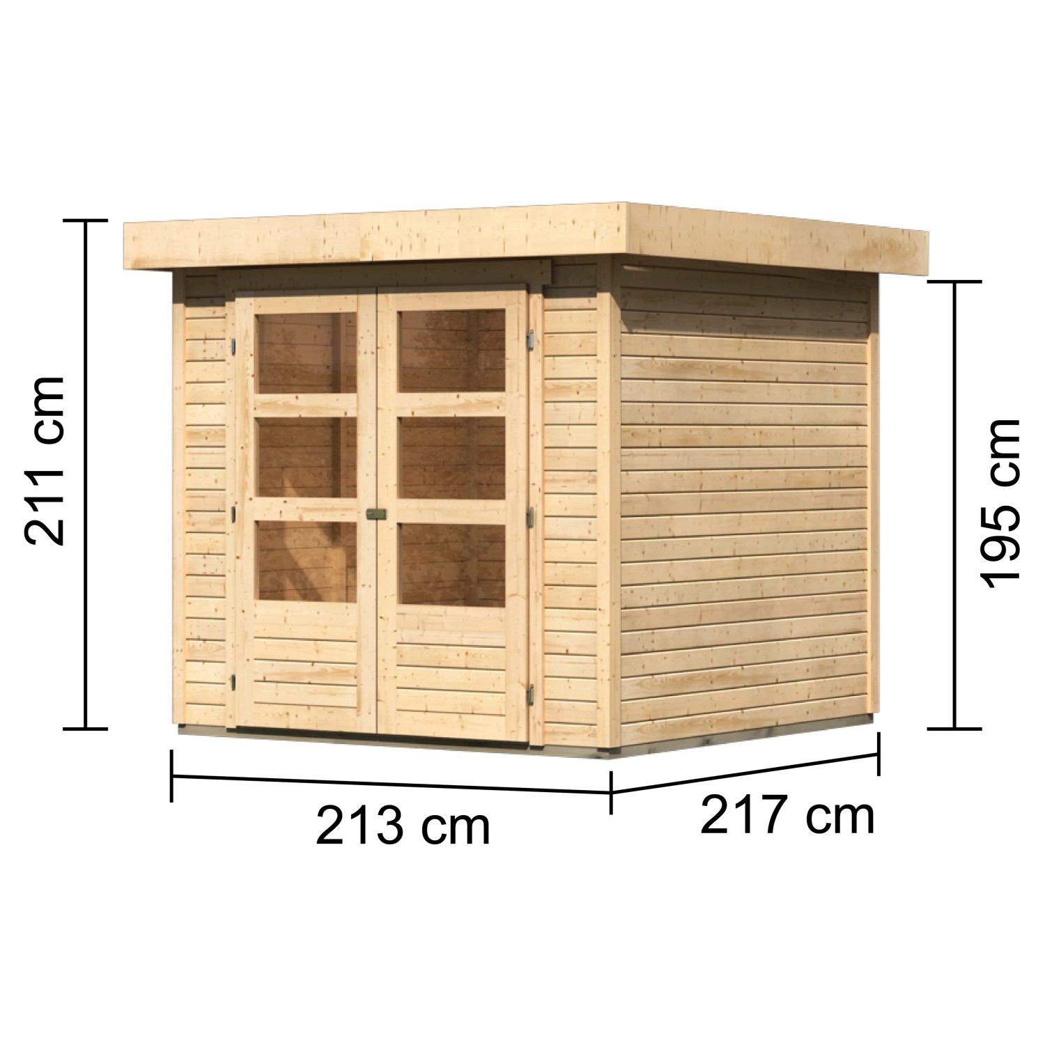Karibu Express Gartenhaus Speedy A, naturbelassen, mit Doppeltür und Maßangaben.