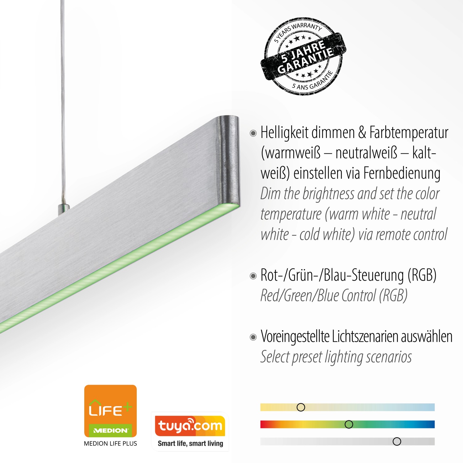 Smarte LED-Pendelleuchte LOLAsmart-Nila aus Aluminium, Lichtfarbe einstellbar.