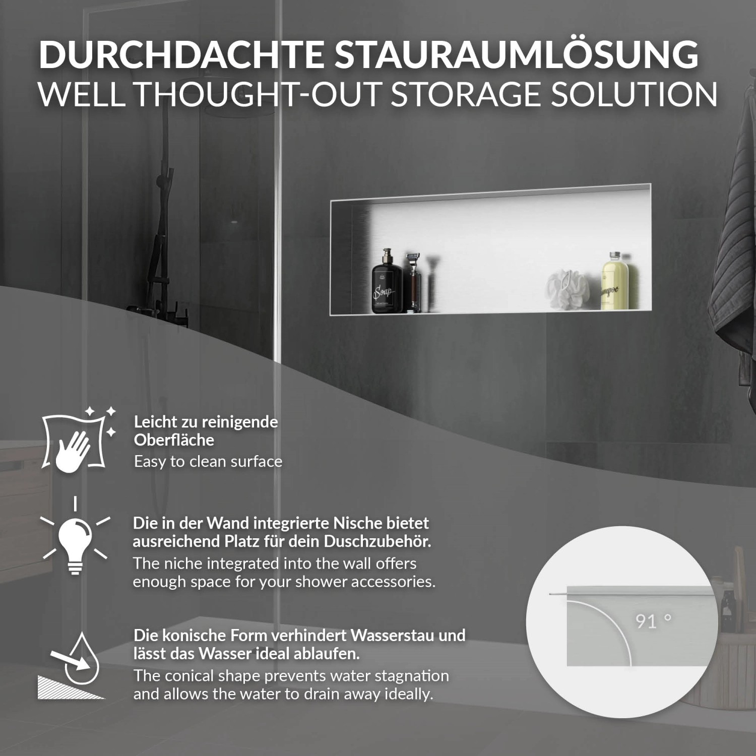 LuxeBath Wandnische Edelstahl Silber 90x30x10 cm für Duschzubehör.