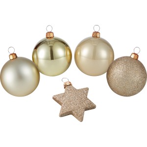 Baumschmuck-Set, 50-teilig, Champagnerfarben: Kugeln und Stern mit Glitzer, matt und glänzend.