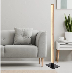 Moderne LED-Stehlampe Doro in Schwarz matt und Holzoptik, 123cm hoch. Design-Stehleuchte für Wohnraum.