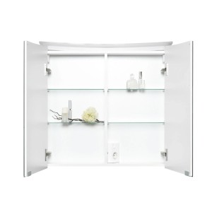 Offener Jokey Spiegelschrank Lightbend, 75 cm, weiß hochglänzend, mit Glasablagen und Dekoration.