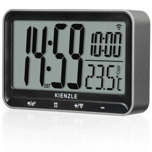 Digitaler Kienzle Funkwecker in Silber-Schwarz mit Temperaturanzeige und großem Display.