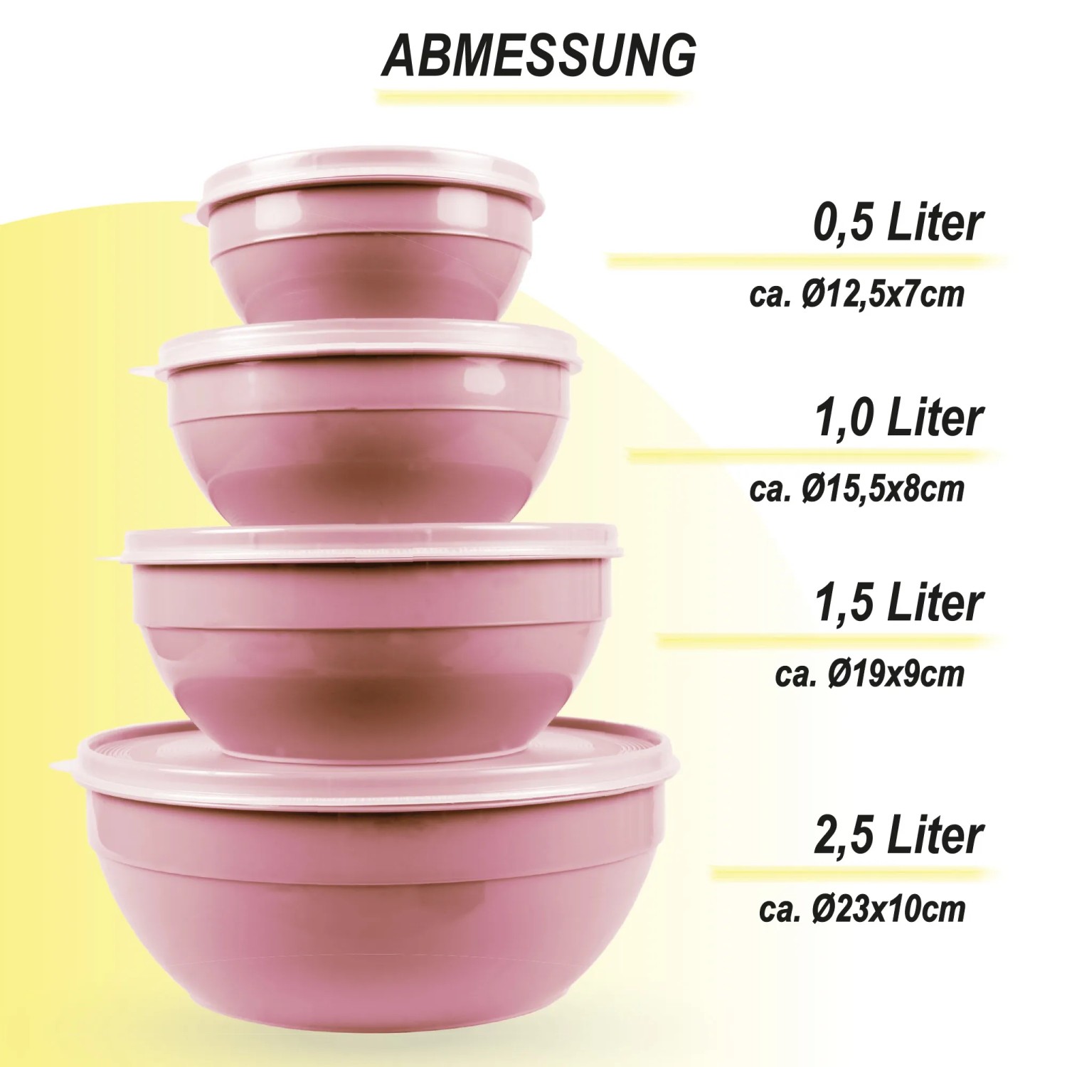 Bestgoodies Vorratsdosen 8er Set Rund Rosa, gestapelt. Größen: 0,5L, 1L, 1,5L, 2,5L.
