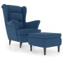 Blauer Samt Ohrensessel mit Hocker. Relaxsessel für Wohnzimmer.