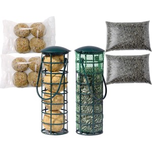Futterspender Set: 2 Spender (Meisenknödel, Sonnenblumenkerne) + Nachfüller. Vogelfutter für Wildvögel.