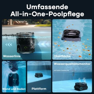 Poolroboter Scuba X1 reinigt umfassend: Wasserlinie, Oberfläche, Wände, Boden und Plattform. All-in-One Poolpflege.