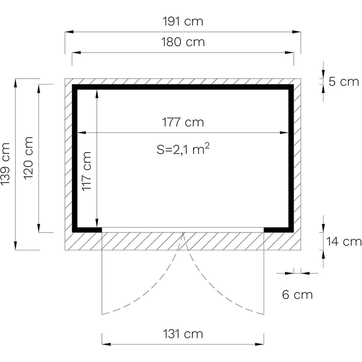 Grundriss Gartenhaus Amrum 1: 120x180cm, Doppeltür, Maße in cm.