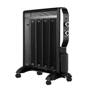 Schwarzer Vale Micathermic Heizkörper HY-200A mit Rollen und 2.000 W Leistung.