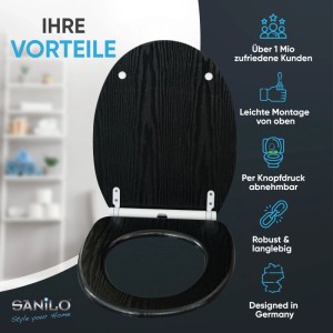 SANILO WC-Sitz Black Wood mit Absenkautomatik und Top-Fix-Befestigung.