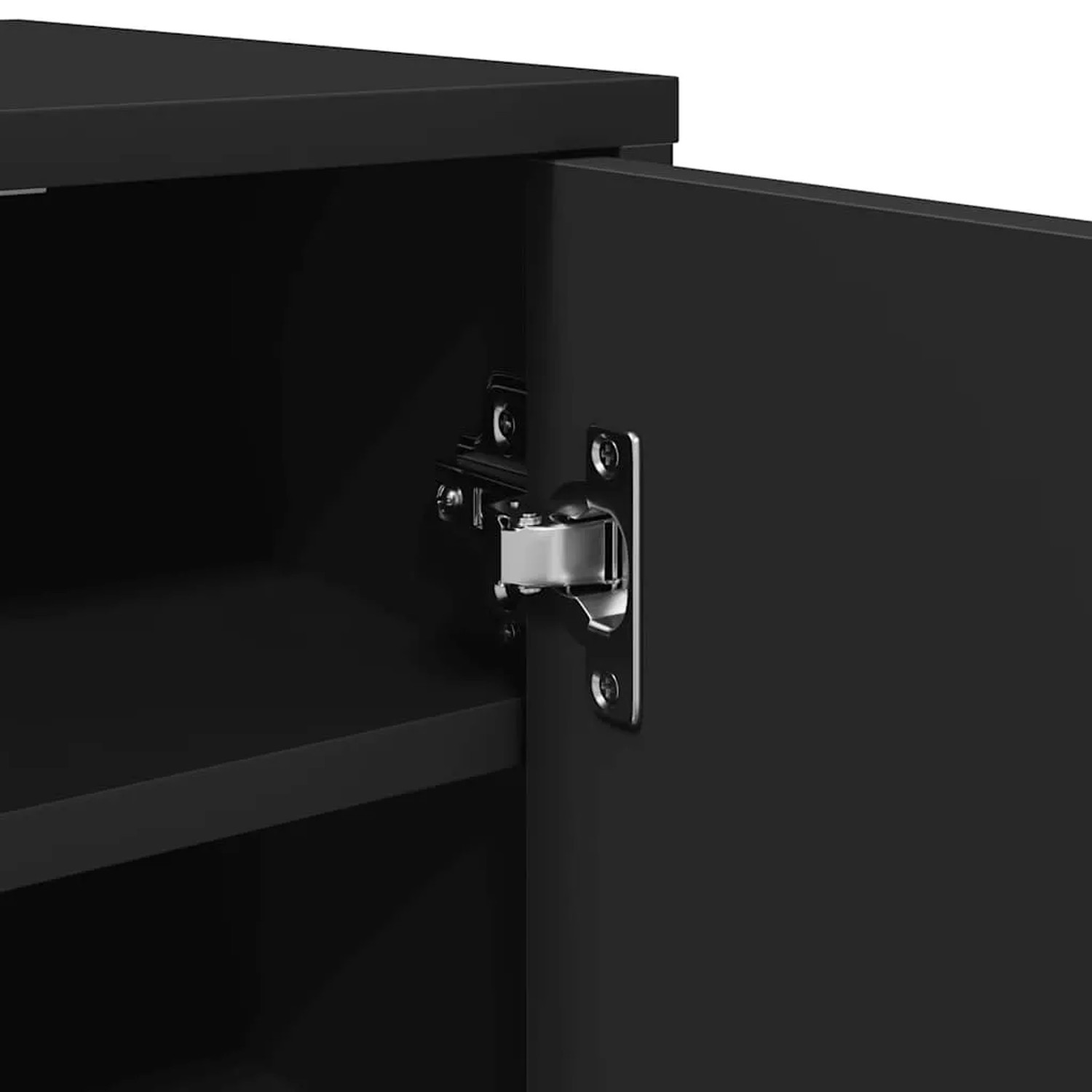 Detailaufnahme: Schwarzer vidaXL Schuhschrank (32x35x92 cm) mit offener Tür und Regalböden.