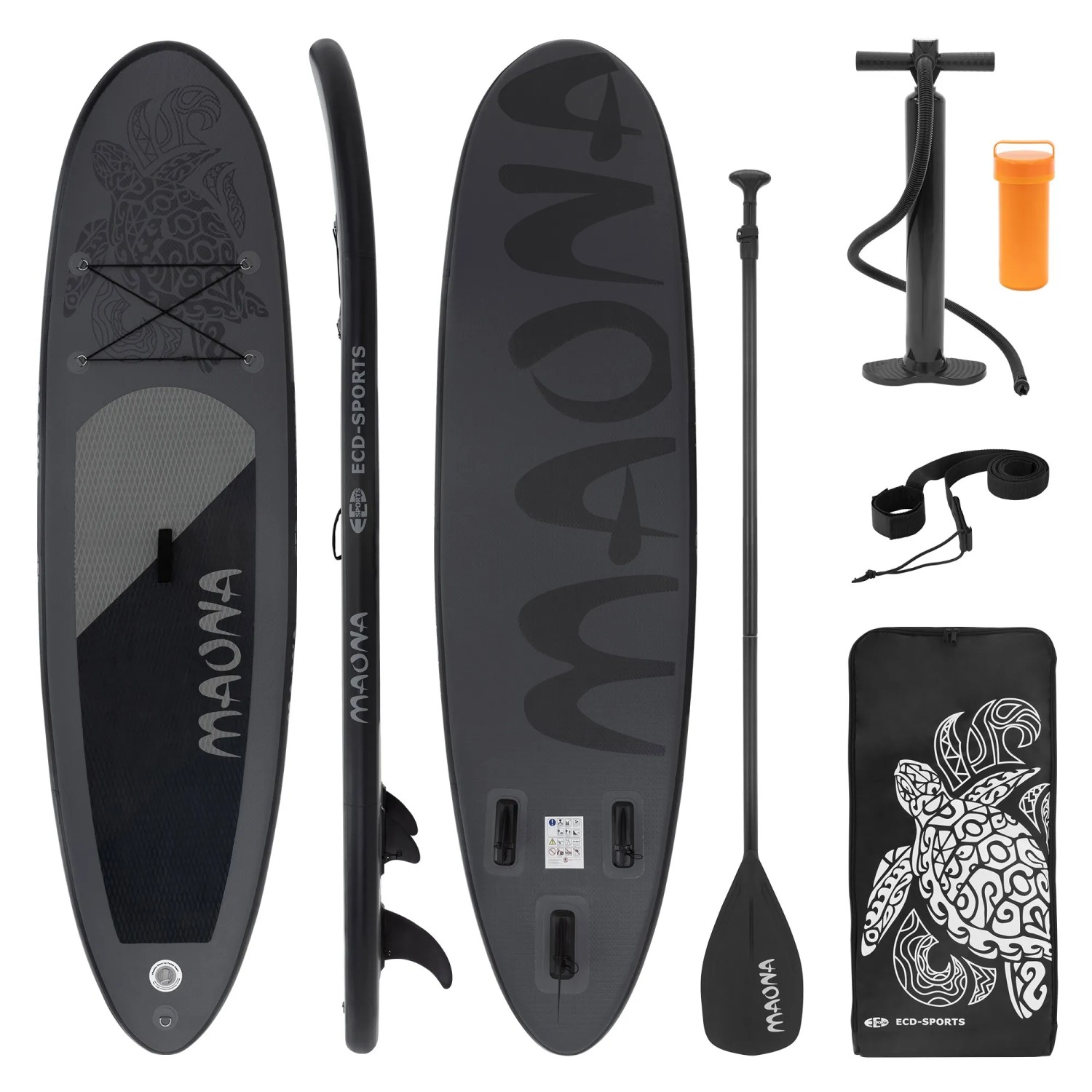 ECD Germany Maona Stand Up Paddle Board Set, 308cm, schwarz, mit Paddel, Pumpe und Tragetasche.
