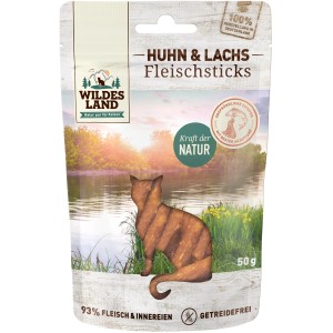 Wildes Land Katzen-Snack Fleischsticks Huhn & Lachs, getreidefrei, 50g Packung.