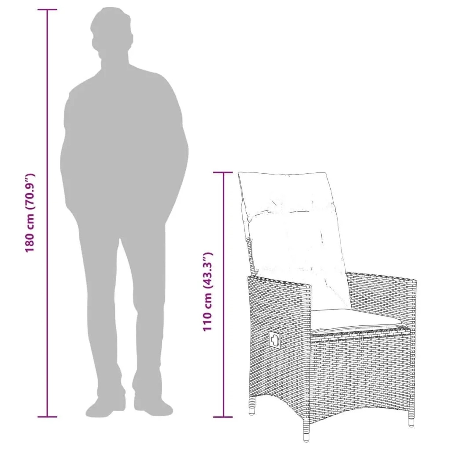 Grauer Poly Rattan Gartensessel mit Kissen. Höhenvergleich: Stuhl 110 cm, Person 180 cm.
