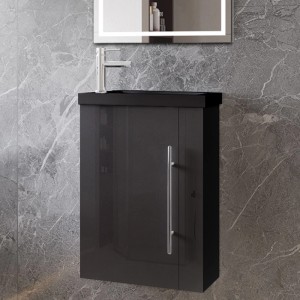 AICA Badmöbel Set SILVIA, 45 cm, Schwarz Hochglanz, Waschtisch mit Unterschrank, 2-teilig.