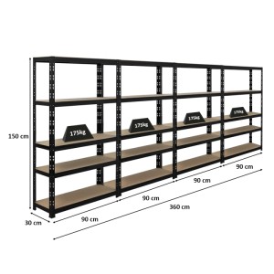 PROREGAL Mega Deal: 4 schwarze Schwerlastregale APOLLO, 150x90x30cm, je 175kg Fachlast.