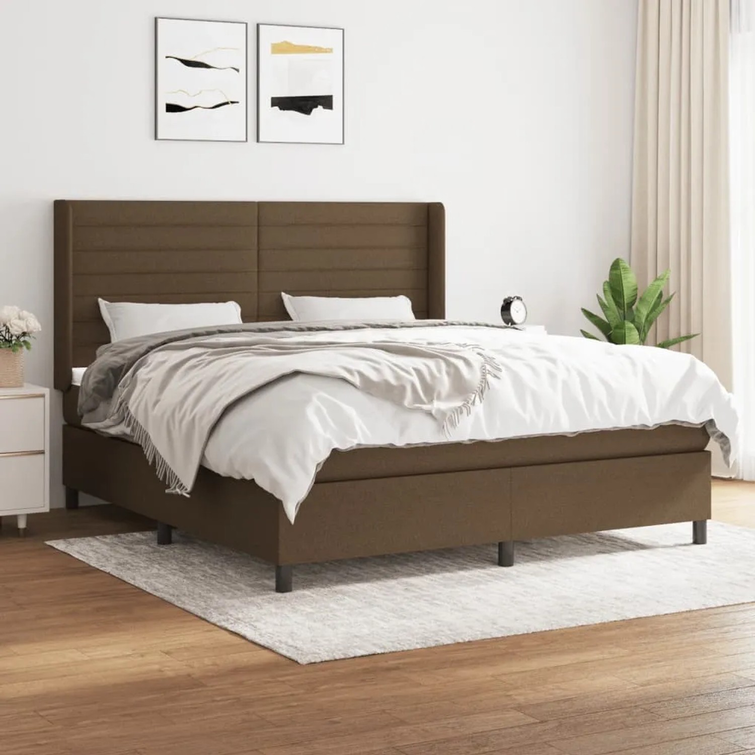 Dunkelbraunes vidaXL Boxspringbett 180x200 cm mit Matratze und Kopfteil im Schlafzimmer.