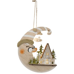 Holz Fensterlicht Mond mit Waldhaus, batteriebetrieben mit Timer, 18x4 cm, Weihnachtsdekoration.