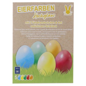 Eierfarben Hochglanz Set mit 5 Farben, Handschuhen und Schellack für glänzende Ostereier.
