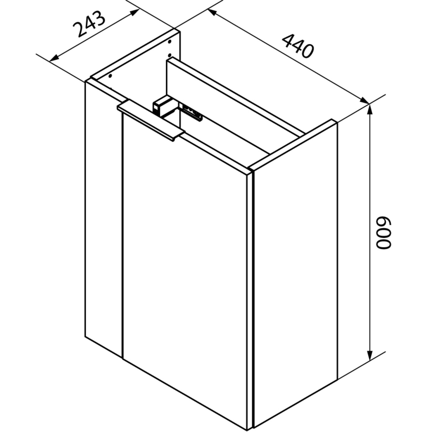 Technische Zeichnung: Fackelmann Mini-Waschtischunterschrank SBC Rechts, 44x60x24,3 cm, Schwarz Matt, Badmöbel-Set.