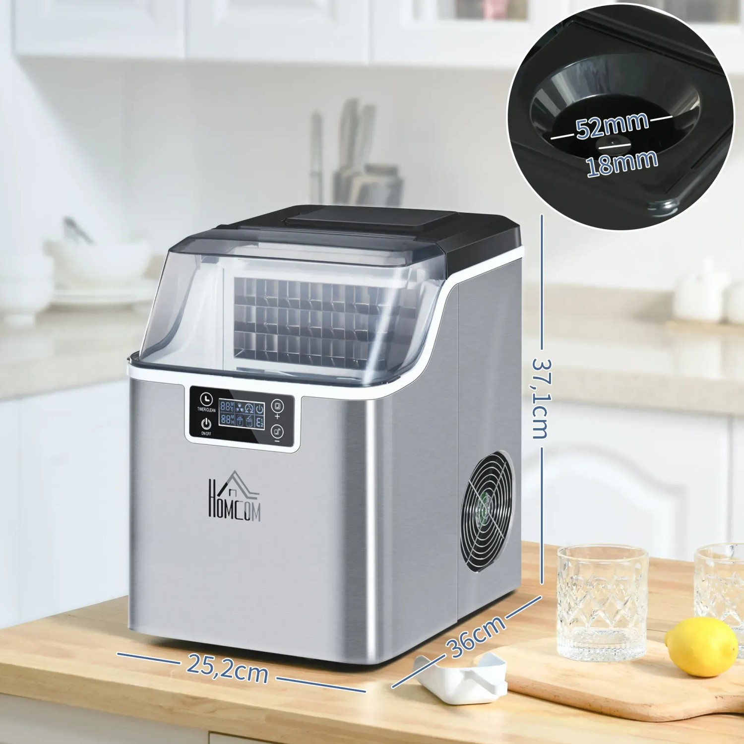 HOMCOM Eiswürfelmaschine aus Edelstahl in Silber mit transparentem Deckel und Maßangaben.