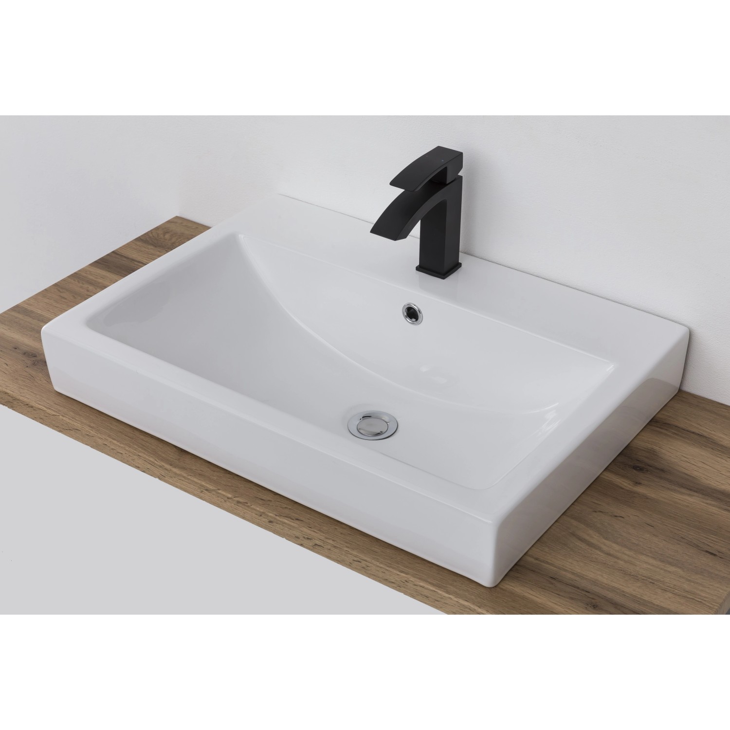 Held Möbel Waschtisch Ancona, 105 cm, Weiß-Wotaneiche mit Becken links und schwarzer Armatur.
