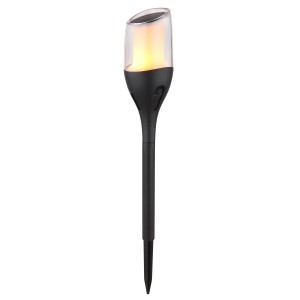 Schwarze Globo LED Solar-Wegeleuchte mit Erdspieß und Flammeneffekt, 64,5 cm hoch.